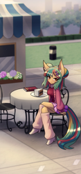 Size: 720x1544 | Tagged: safe, artist:howxu, oc, oc only, oc:blaze mint, anthro, anthro oc, cake, chair, clothes, commission, flower, food, high heels, leg warmers, shoes, sitting, skirt, solo, sweater