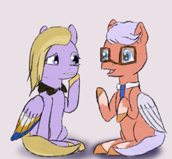 Size: 1890x1757 | Tagged: safe, anonymous artist, dazzle feather, skye silver, pegasus, pony, g5, colored sketch, duo, duo male and female, female, glasses, looking at each other, looking at someone, male, mare, necktie, open mouth, simple background, sitting, sketch, stallion