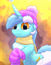 Size: 1902x2392 | Tagged: safe, artist:gosha305, lyra heartstrings, pony, unicorn, g4, :3, autumn, autumn leaves, beanie, cheek fluff, chest fluff, clothes, cold, cute, female, floppy ears, hat, horn, leaves, looking at you, lyrabetes, multicolored mane, raised hoof, scarf, smiling, smiling at you, socks, solo, striped socks