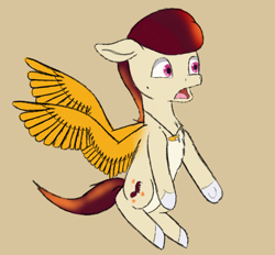 Size: 1890x1757 | Tagged: safe, anonymous artist, rocky riff, pegasus, pony, g5, colored sketch, ears back, flying, jewelry, male, necklace, open mouth, shocked, shocked expression, simple background, sketch, solo, spread wings, stallion, wings