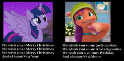 Size: 1596x783 | Tagged: safe, edit, edited screencap, screencap, sunny starscout, twilight sparkle, alicorn, earth pony, pony, g4, g5, magical mystery cure, my little pony: make your mark, my little pony: make your mark chapter 3, winter wishday, spoiler:g5, spoiler:winter wishday, coat markings, comparison, cookie, cropped, crystal brighthouse, female, fluttershy's cutie mark, food, hat, hoof hold, it's a pony kind of christmas, lyrics, mane stripe sunny, mare, pins, ponyville, rainbow dash's cutie mark, raised hoof, satchel, side by side, singing, socks (coat markings), sunny and her heroine, text, toque, twilight sparkle (alicorn), twilight sparkle's cutie mark, unshorn fetlocks, we wish you a merry christmas, we wish you a yummy wishday