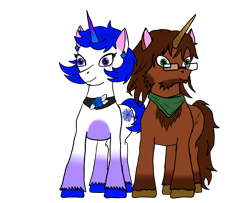 Size: 3200x2600 | Tagged: safe, artist:assertiveshypony, oc, oc only, oc:green scroll, oc:snowmoon, pony, unicorn, 2024 community collab, derpibooru community collaboration, chest fluff, clothes, digital art, duo, flower, glasses, high res, horn, jewelry, krita, long mane, long tail, messy mane, rose, scarf, short mane, short tail, simple background, smiling, tail, transparent background, unicorn oc