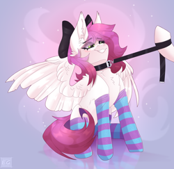Size: 2692x2621 | Tagged: safe, artist:elektra-gertly, oc, oc only, oc:ellie berryheart, pegasus, pony, abstract background, black bow, black eyeshadow, blushing, bow, clothes, collar, eyeshadow, female, fetish, green eyes, hair bow, high res, leash, leash tug, long ears, long eyelashes, makeup, offscreen character, pet play, pulling, smiling, socks, solo focus, stocks, striped socks, tail, thigh highs, wings