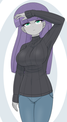 Size: 1668x3017 | Tagged: safe, artist:batipin, maud pie, human, equestria girls, g4, breasts, busty maud pie, clothes, female, solo, sweater