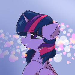 Size: 1150x1150 | Tagged: safe, artist:hcl, twilight sparkle, pony, unicorn, g4, abstract background, bokeh, female, floppy ears, mare, solo, unicorn twilight