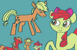 Size: 2000x1300 | Tagged: safe, artist:necromarecy, apple bloom, applejack, big macintosh, earth pony, pony, g4, apple siblings, apple sisters, applejack's hat, bow, brother and sister, cowboy hat, hair bow, hat, hatless, missing accessory, siblings, simple background, sisters, teal background