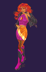 Size: 3300x5100 | Tagged: safe, artist:ashley-the-muffin, sunset shimmer, human, equestria girls, g4, alternate hairstyle, blue background, boots, clothes, ear piercing, earring, eyes closed, female, fishnet stockings, high heel boots, humanized, jacket, jewelry, leather, leather jacket, midriff, nail polish, piercing, shoes, simple background, skirt, tank top