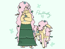 Size: 4000x3000 | Tagged: safe, artist:mushroombuttons1, fluttershy, human, pegasus, pony, g4, alternate hairstyle, blushing, clothes, converse, earmuffs, female, flower, flower in hair, gritted teeth, human ponidox, humanized, leaf, long skirt, mare, markings, raised hoof, raised leg, redesign, self paradox, self ponidox, shoes, skirt, stick, sweater, sweatershy, teeth, unshorn fetlocks