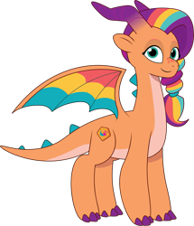 Size: 1415x1644 | Tagged: safe, artist:prixy05, sunny starscout, dragon, g5, my little pony: tell your tale, dragonified, female, horns, looking at you, mane stripe sunny, not smolder, pale belly, simple background, smiling, smiling at you, solo, species swap, sunny dragonscout, transparent background, vector