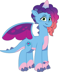 Size: 1412x1704 | Tagged: safe, artist:prixy05, misty brightdawn, dragon, g5, my little pony: tell your tale, bracelet, coat markings, colored horn, dragon misty, dragonified, female, freckles, friendship bracelet, horn, jewelry, looking at you, multicolored horn, pale belly, rebirth misty, simple background, smiling, smiling at you, socks (coat markings), solo, species swap, transparent background, vector