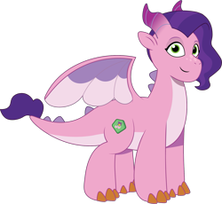 Size: 1591x1466 | Tagged: safe, artist:prixy05, pipp petals, dragon, g5, my little pony: tell your tale, chubby, countershading, dragonified, female, horns, looking at you, pale belly, petaldragon, pipp is chubby, simple background, smiling, smiling at you, solo, species swap, transparent background, vector