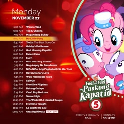 Size: 526x526 | Tagged: safe, screencap, lyrica lilac, pinkie pie, royal ribbon, earth pony, pony, unicorn, g4, the best night ever, christmas, cignal, female, holiday, mare, philippines, schedule, text, tv5, wide eyes
