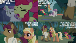 Size: 2000x1125 | Tagged: safe, edit, edited screencap, editor:quoterific, screencap, apple bloom, mane allgood, scootaloo, snap shutter, sweetie belle, earth pony, pegasus, pony, unicorn, g4, season 9, the last crusade, camera, cutie mark crusaders, female, filly, foal, forest, horn, male, mare, nature, stallion, tree, unamused