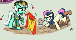 Size: 371x199 | Tagged: artist needed, safe, bon bon, lyra heartstrings, sweetie drops, earth pony, pony, unicorn, g4, flower, glowing, glowing horn, horn, matador, rose, torero