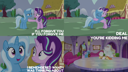 Size: 2000x1125 | Tagged: safe, edit, edited screencap, editor:quoterific, screencap, bulk biceps, starlight glimmer, trixie, pegasus, pony, unicorn, all bottled up, g4, season 7, cutie map, female, hug, male, mare, ponyville, ponyville spa, stallion