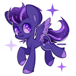 Size: 1200x1200 | Tagged: safe, artist:catberries, oc, oc only, oc:shadow galaxy, pegasus, pony, big ears, chibi, commission, cute, ethereal mane, fangs, female, hooves, mare, open mouth, signature, simple background, solo, sparkles, spread wings, starry mane, starry tail, tail, transparent background, unshorn fetlocks, wings