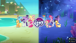 Size: 2560x1440 | Tagged: safe, gameloft, applejack, fluttershy, pinkie pie, rainbow dash, rarity, twilight sparkle, alicorn, earth pony, hippogriff, pegasus, pony, seapony (g4), unicorn, g4, my little pony: magic princess, official, bubble, coral, dorsal fin, female, fin, fin wings, fins, fish tail, flowing mane, flowing tail, hippogriffied, loading screen, looking at you, mane six, mare, my little pony logo, ocean, open mouth, open smile, seaponified, seapony applejack, seapony fluttershy, seapony pinkie pie, seapony rainbow dash, seapony rarity, seapony twilight, seaquestria, seaweed, smiling, species swap, swimming, tail, twilight sparkle (alicorn), underwater, video game, water, wings, youtube banner