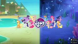 Size: 2560x1440 | Tagged: safe, gameloft, applejack, fluttershy, pinkie pie, rainbow dash, rarity, twilight sparkle, alicorn, earth pony, hippogriff, pegasus, pony, seapony (g4), unicorn, g4, my little pony: magic princess, official, applegriff, bubble, coral, dorsal fin, female, fin, fin wings, fins, fish tail, flowing mane, flowing tail, hippo dash, hippo pie, hippo sparkle, hippogriffied, hipposhy, loading screen, looking at you, mane six, mare, my little pony logo, ocean, open mouth, open smile, rarigriff, seaponified, seapony applejack, seapony fluttershy, seapony pinkie pie, seapony rainbow dash, seapony rarity, seapony twilight, seaquestria, seaweed, smiling, species swap, swimming, tail, twilight sparkle (alicorn), underwater, video game, water, wings, youtube banner