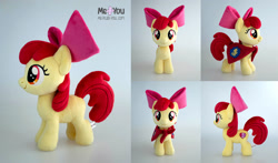 Size: 2000x1179 | Tagged: safe, artist:meplushyou, apple bloom, earth pony, pony, g4, bow, cape, clothes, cmc cape, female, filly, foal, hair bow, irl, photo, plushie, solo