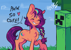 Size: 813x572 | Tagged: safe, artist:kreeeeeez, sunny starscout, earth pony, pony, g5, ^^, blushing, braid, braided ponytail, chest fluff, creeper (minecraft), ear fluff, eyes closed, female, hissing, imminent death, imminent explosion, mane stripe sunny, minecraft, moments before disaster, ponytail, quadrupedal, ribs, standing, this will end in death, this will end in explosions, too dumb to live, unshorn fetlocks
