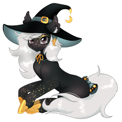 Size: 2500x2500 | Tagged: safe, artist:timser_, oc, oc only, oc:lunabelle, earth pony, pony, 2024 community collab, derpibooru community collaboration, black fur, dark eyes, digital art, ear fluff, female, full body, hat, high res, makeup, mare, ribbon, save, simple background, sitting, solo, stars, tail, transparent background, white hair, witch hat