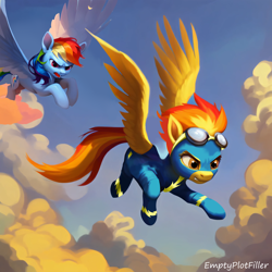Size: 3072x3072 | Tagged: prompter needed, safe, ai assisted, ai content, edit, editor:emptyplotfiller, generator:stable diffusion, rainbow dash, spitfire, pegasus, pony, fanfic:crossing the trixie bridge:a new life in the crystal empire, g4, clothes, cloud, crystal empire, high res, uniform, wonderbolts uniform
