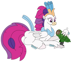 Size: 2720x2334 | Tagged: safe, artist:supahdonarudo, queen novo, bird, classical hippogriff, hippogriff, kakapo, parrot, series:novoember, g4, my little pony: the movie, high res, lying down, petting, prone, simple background, transparent background