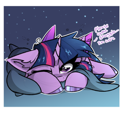 Size: 2000x2000 | Tagged: safe, artist:jubyskylines, twilight sparkle, alicorn, pony, g4, bed mane, bronybait, colored hooves, cute, dialogue, ear fluff, female, floppy ears, high res, looking at you, lying down, mare, one eye closed, pillow, prone, sleepy, solo, twiabetes, twilight sparkle (alicorn)