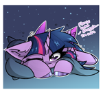 Size: 2000x2000 | Tagged: safe, artist:jubyskylines, twilight sparkle, alicorn, pony, g4, bed mane, colored hooves, cute, dialogue, ear fluff, female, floppy ears, looking at you, lying down, mare, one eye closed, pillow, prone, sleepy, solo, twiabetes, twilight sparkle (alicorn)