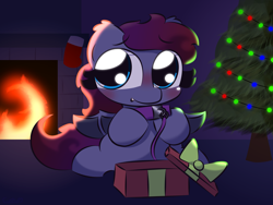 Size: 3200x2400 | Tagged: safe, artist:cushyhoof, oc, oc only, bat pony, pony, 4:3, blushing, christmas, christmas gift, christmas tree, collar, cute, cute little fangs, fangs, fire, fireplace, holiday, looking at you, phone drawing, solo, tree