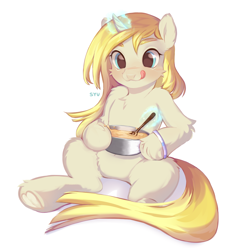 Size: 4617x4752 | Tagged: safe, artist:syu, oc, oc:banana pancakes, fluffy pony, unicorn, adorable face, baking, big eyes, blonde hair, blonde mane, blue eyes, blushing, bracelet, commission, cute, ear fluff, fluffy, food, hooves, jewelry, licking, licking lips, looking at something, magic, pancakes, shiny, simple background, sitting, solo, spoon, tongue out