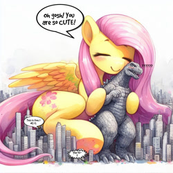 Size: 1400x1400 | Tagged: safe, ai assisted, ai content, editor:giantpony, generator:bing image creator, prompter:giantpony, fluttershy, kaiju, pegasus, pony, g4, blushing, crossover, cute, duo, eyes closed, female, giant pony, giantess, giantshy, godzilla, godzilla (series), hug, hug from behind, larger female, macro, macro/micro, male, phraseit, question mark, shyabetes, size difference, smaller male, wrong cutie mark