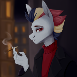 Size: 1800x1800 | Tagged: safe, artist:cubifiedcherry, oc, oc only, earth pony, anthro, cigarette, female, red eyes, solo