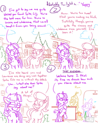 Size: 4779x6013 | Tagged: safe, artist:adorkabletwilightandfriends, lily, lily valley, moondancer, spike, twilight sparkle, alicorn, dragon, pony, unicorn, comic:adorkable twilight and friends, g4, adorkable, adorkable twilight, angry, blushing, crossed legs, cute, dork, downtown, ear blush, embarrassed, female, friendship, happy, kitchen, male, mare, necktie, outdoors, ponyville, sitting, smiling, suitcase, sweat, sweatdrop, twilight sparkle (alicorn), upset