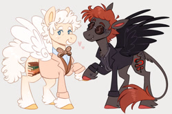Size: 640x423 | Tagged: safe, artist:wanderingpegasus, angel, angel pony, demon, demon pony, original species, pegasus, pony, anthony j. crowley, aziraphale, clothes, crossover, duo, duo male, good omens, leonine tail, male, ponified, simple background, stallion, tail