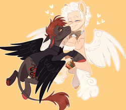 Size: 1168x1024 | Tagged: safe, artist:wanderingpegasus, angel, angel pony, demon, demon pony, original species, pegasus, pony, anthony j. crowley, aziraphale, blushing, clothes, crossover, duo, duo male, fangs, flying, freckles, good omens, leonine tail, male, ponified, stallion, tail, unshorn fetlocks