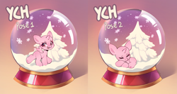 Size: 4903x2632 | Tagged: safe, artist:sugarstar, pony, chibi, commission, cute, looking back, sleeping, snow, snow globe, snowflake, your character here