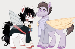 Size: 1408x931 | Tagged: safe, artist:wanderingpegasus, angel, angel pony, demon, demon pony, original species, pegasus, pony, beelzebub, beelzebub (good omens), clothes, crossover, duo, gabriel, gabriel (good omens), good omens, insect wings, male, markings, nonbinary, ponified, simple background, stallion, unshorn fetlocks, wings