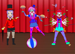 Size: 828x602 | Tagged: safe, artist:technopagan9, diamond tiara, silver spoon, twist, human, g4, boots, clothes, clown, gloves, hat, humanized, jacket, kisekae, ringmaster, shirt, shoes, shorts, top hat