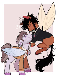 Size: 1168x1557 | Tagged: safe, artist:wanderingpegasus, angel, angel pony, demon, demon pony, original species, pegasus, pony, beelzebub, beelzebub (good omens), clothes, crossover, duo, flying, gabriel, gabriel (good omens), good omens, insect wings, male, nonbinary, ponified, shipping, simple background, stallion, unshorn fetlocks, wings