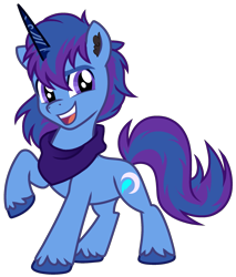 Size: 2017x2371 | Tagged: safe, artist:vi45, oc, oc only, oc:bak, pony, unicorn, 2024 community collab, derpibooru community collaboration, blue mane, clothes, high res, horn, looking at you, male, purple eyes, purple mane, scarf, simple background, solo, stallion, transparent background, unicorn oc