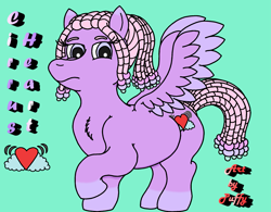 Size: 2375x1853 | Tagged: safe, artist:puffydearlysmith, oc, oc only, oc:cirrus heart, pegasus, pony, g5, chest fluff, chubby, dreadlocks, female, green background, mare, pegasus oc, raised hoof, reference sheet, simple background, solo, spread wings, wings