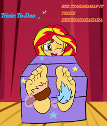 Size: 827x975 | Tagged: safe, artist:zeekthatgeek, sunset shimmer, human, equestria girls, g4, barefoot, blushing, bondage, brush, crying, feather, feet, fetish, foot fetish, foot focus, implied trixie, laughing, magic, offscreen character, offscreen human, one eye closed, open mouth, open smile, smiling, soles, tears of laughter, telekinesis, tickling, toes