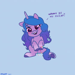 Size: 2480x2480 | Tagged: safe, artist:starburstuwu, izzy moonbow, pony, unicorn, g5, blue background, bracelet, cute, dialogue, female, filly, foal, friendship bracelet, frog (hoof), high res, hoof heart, hoof hold, izzybetes, jewelry, looking at you, simple background, solo, talking to viewer, underhoof, younger, younger female
