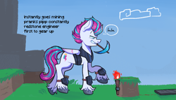 Size: 1316x753 | Tagged: safe, artist:kreeeeeez, zipp storm, pegasus, pony, g5, armor, colored, diamond pickaxe, female, folded wings, grin, iron armor, lidded eyes, looking down, mare, minecraft, mouth hold, peytral, pickaxe, raised hoof, redstone, redstone torch, smiling, solo, text, unshorn fetlocks, wings