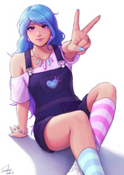 Size: 2480x3508 | Tagged: safe, artist:xiaowu07, izzy moonbow, human, g5, clothes, female, high res, humanized, looking at you, simple background, smiling, smiling at you, socks, solo, striped socks, tan skin, white background