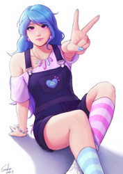 Size: 2480x3508 | Tagged: safe, alternate version, artist:xiaowu07, izzy moonbow, human, g5, clothes, female, high res, humanized, light skin, looking at you, simple background, smiling, smiling at you, socks, solo, striped socks, white background