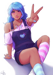 Size: 2480x3508 | Tagged: safe, alternate version, artist:xiaowu07, izzy moonbow, human, g5, clothes, dark skin, female, high res, humanized, looking at you, moderate dark skin, simple background, smiling, smiling at you, socks, solo, striped socks, white background