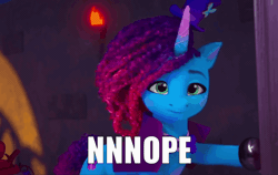 Size: 1000x633 | Tagged: safe, edit, edited screencap, screencap, misty brightdawn, pony, unicorn, g5, my little pony: make your mark, my little pony: make your mark chapter 5, nightmare on mane street, spoiler:g5, spoiler:my little pony: make your mark, spoiler:my little pony: make your mark chapter 5, spoiler:mymc05e06, animated, bottle, bowtie, cape, clothes, costume, cufflinks, door, female, gif, hat, magician, mare, nope, rebirth misty, solo, text, text edit, top hat