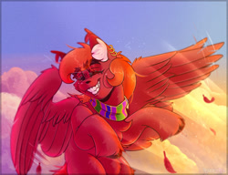 Size: 2189x1683 | Tagged: safe, artist:rozzyro, oc, oc only, original species, pegasus, pony, atmosphere, blue background, clothes, cloud, cute, ear piercing, female, flying, happy, orange hair, piercing, pink background, red fur, scarf, shading, simple background, sky, smiling, solo, sunset, sunshine
